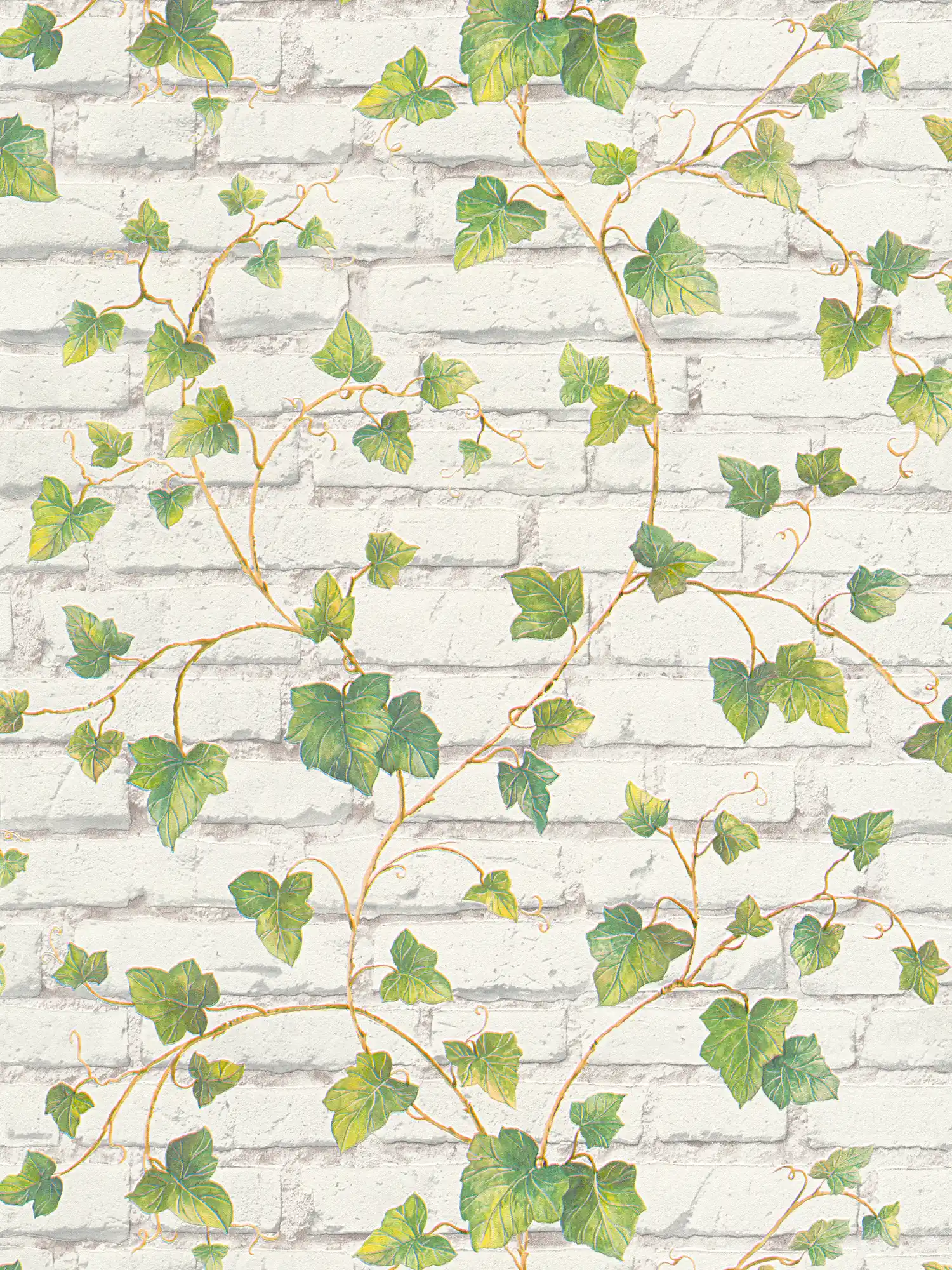 Motivtapete mit weißer Backsteinmauer und Efeu-Ranken – Grün, Weiß, Braun
