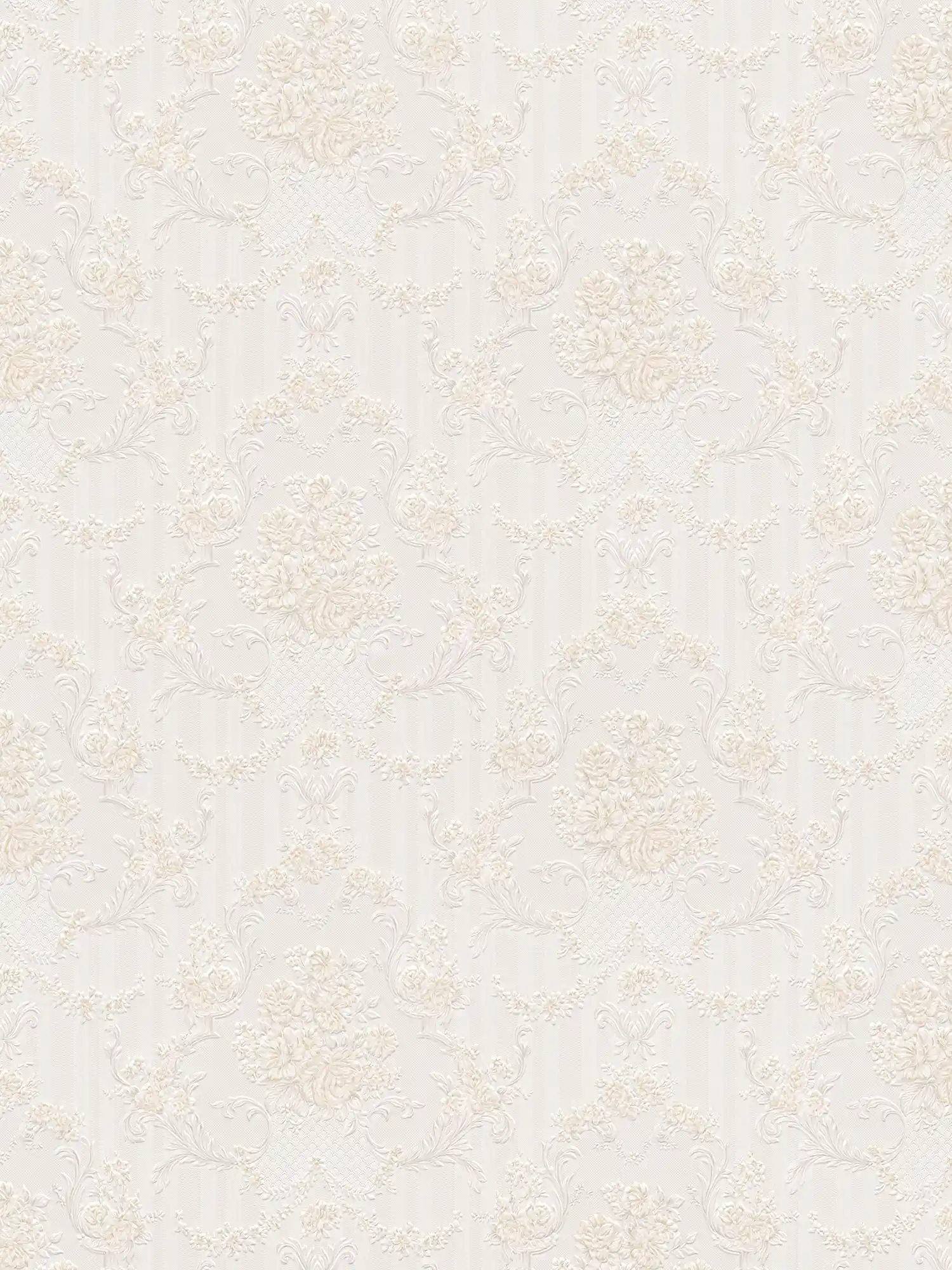         Neobarock Papiertapete mit Rosen-Ornamenten & Streifen – Beige
    