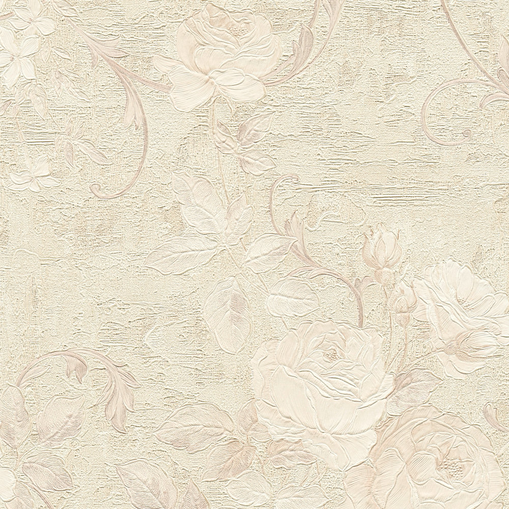             Tapete Rosen-Muster & Blätterranken – Beige, Creme, Grau
        