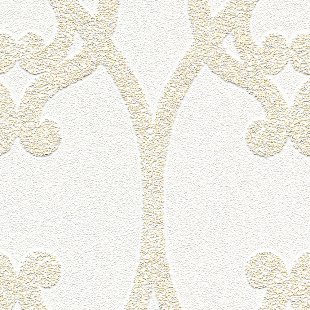             Ornament Tapete mit Barock Muster überstreichbar – Weiß
        