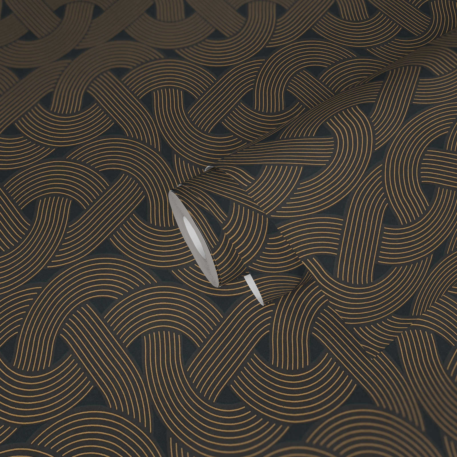             Vliestapete mit Linienmuster Im Art déco Style – Schwarz, Gold
        