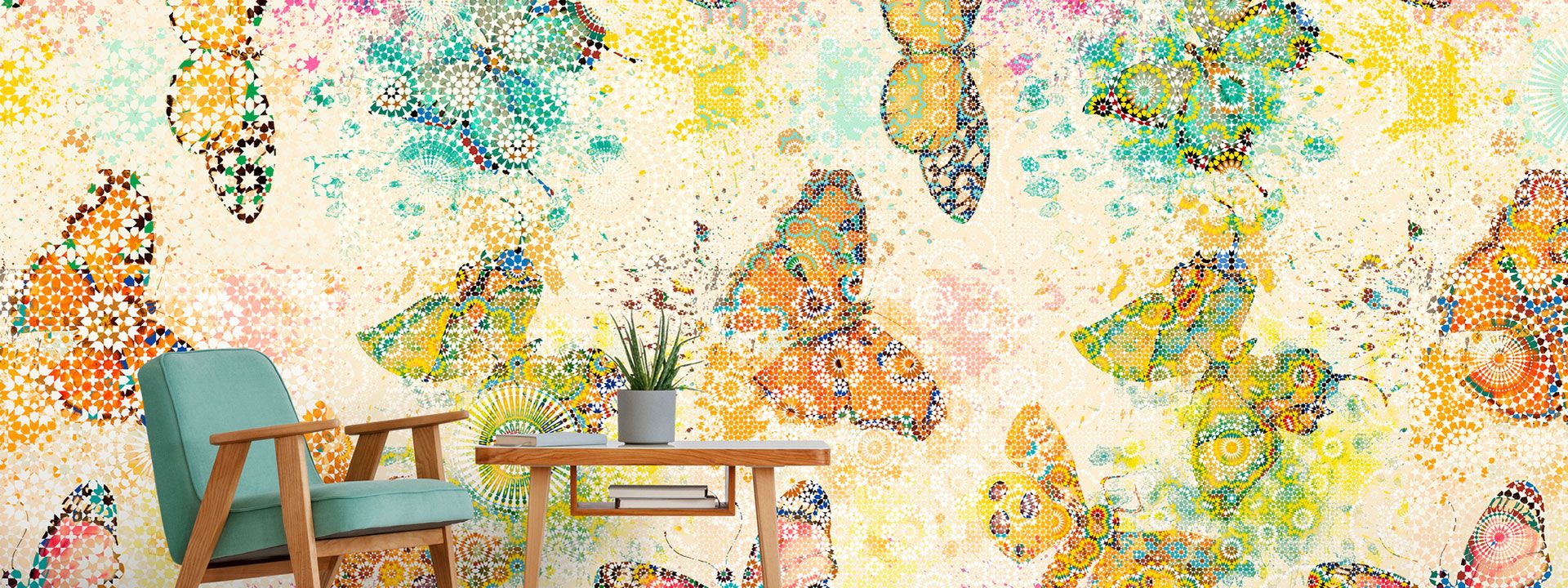 Buntes Wohnzimmer mit fröhlicher Schmetterling Fototapete mit XXL Motiv DD110261
