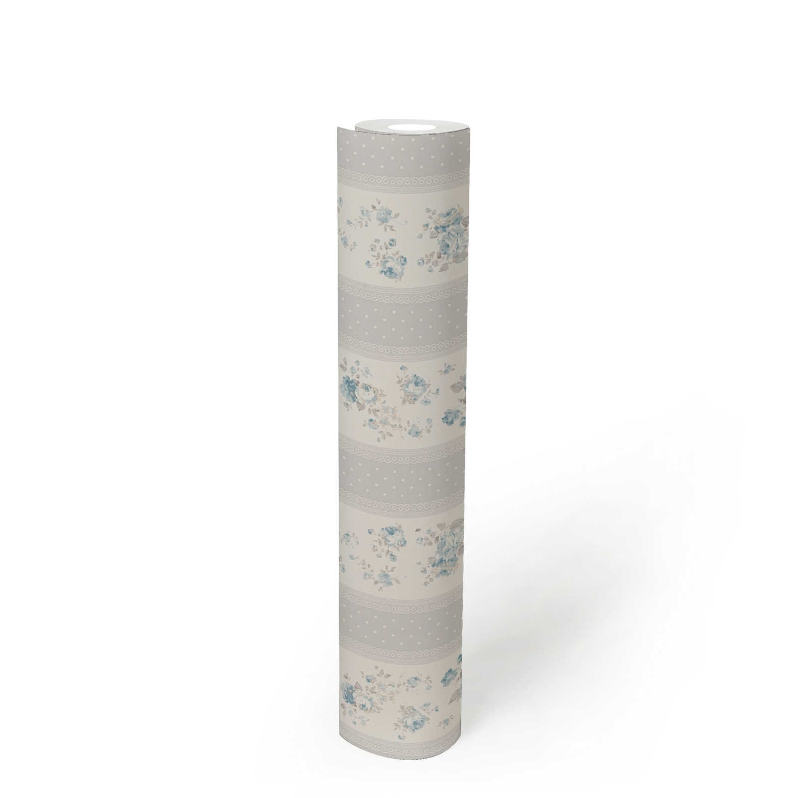             Vliestapete mit gepunkteten und floralen Streifen – Grau, Weiß, Blau
        