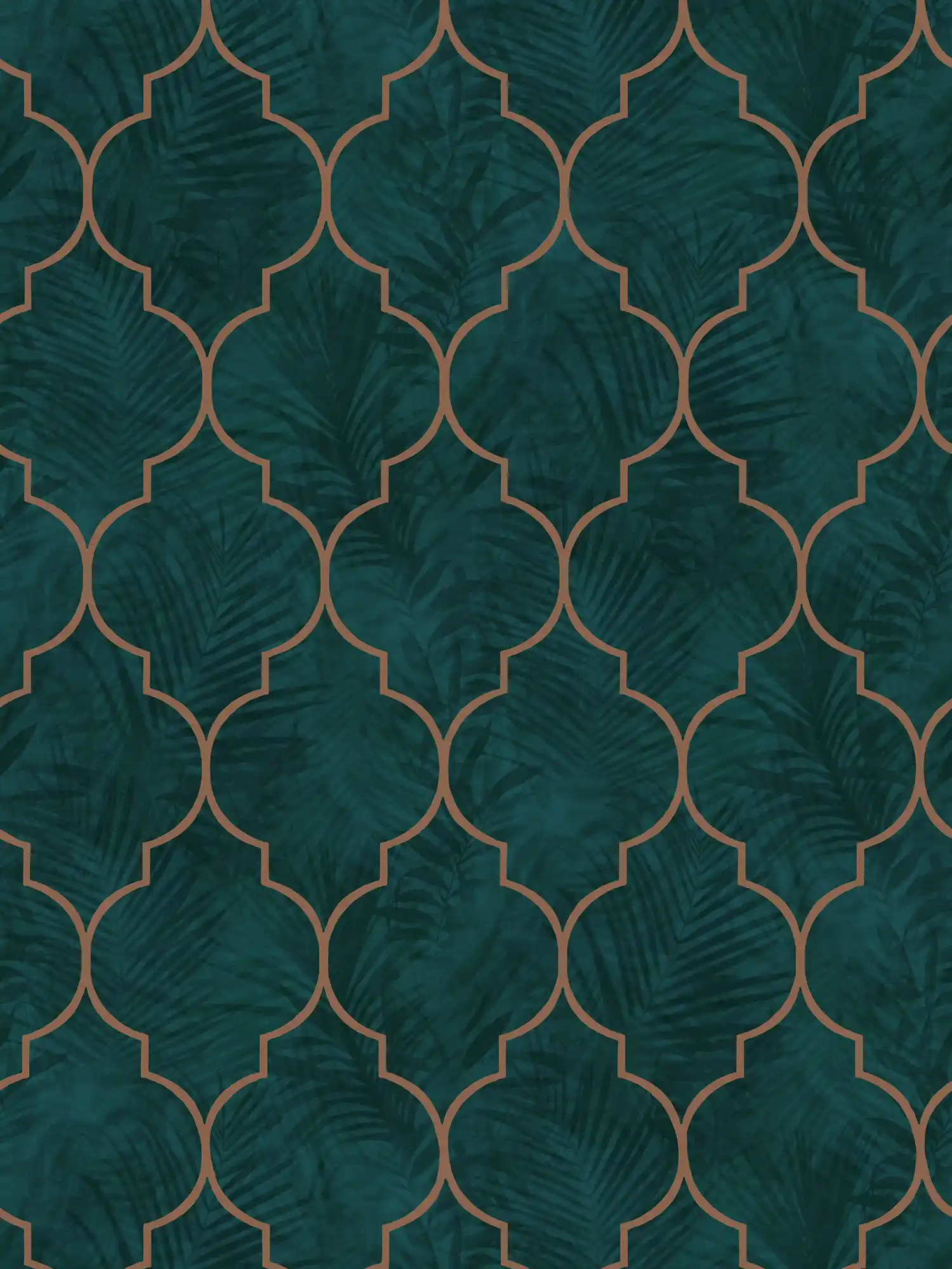 Fliesentapete mit Ornament und Blättermuster – Grün, Türkis, Braun
