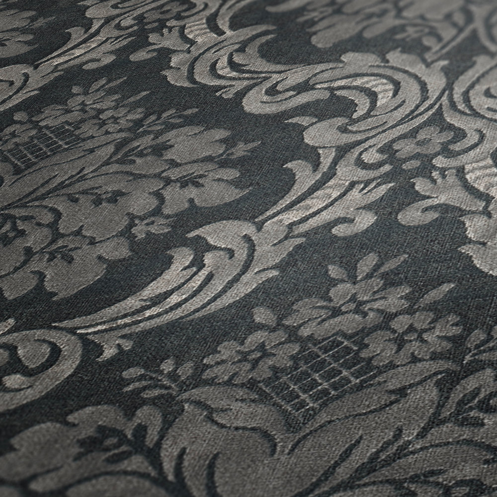             Ornament Tapete mit floralem Korb-Muster – Grau, Schwarz
        