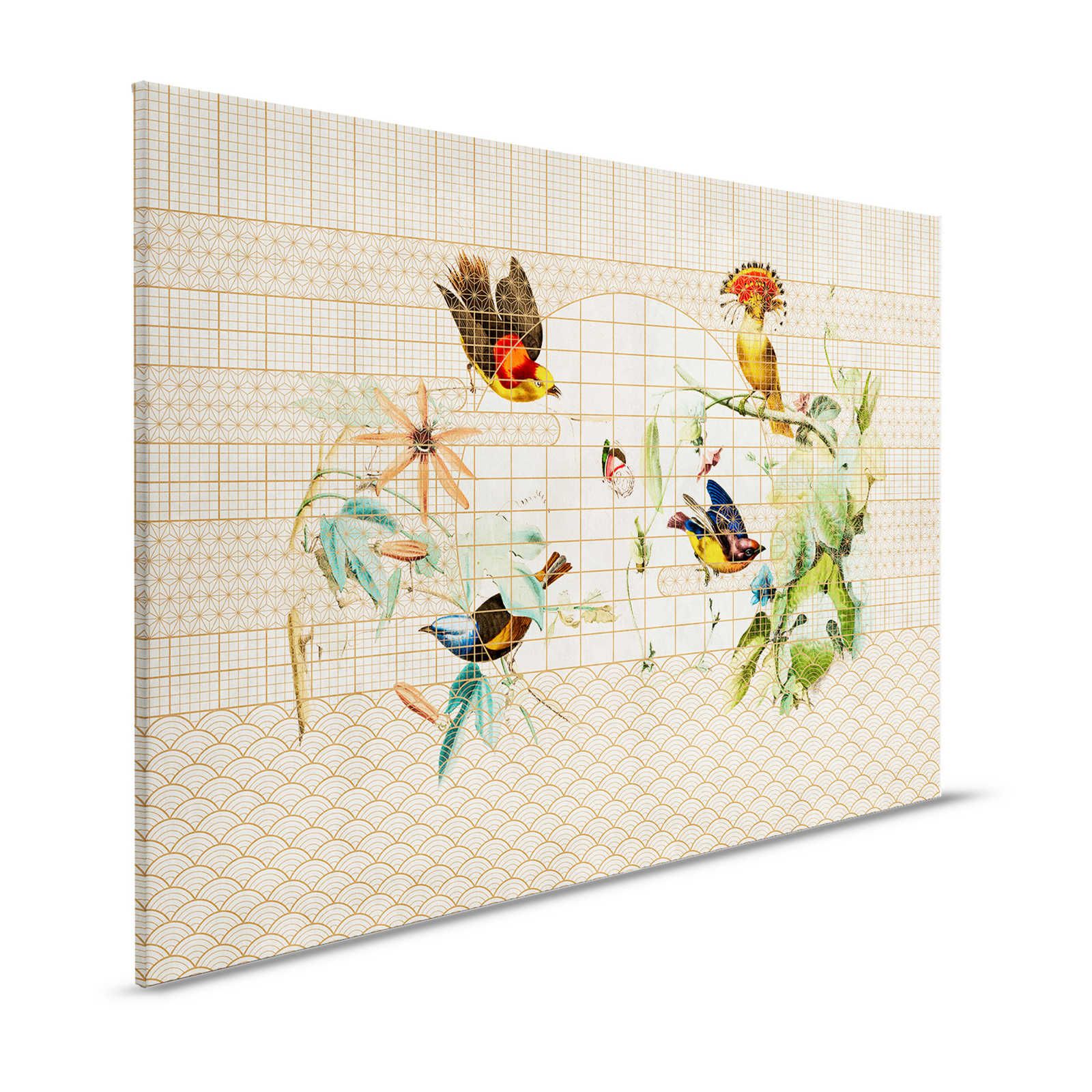 Voliere 1 - Leinwandbild Vögel & Schmetterlinge in goldener Voliere – 1,20 m x 0,80 m
