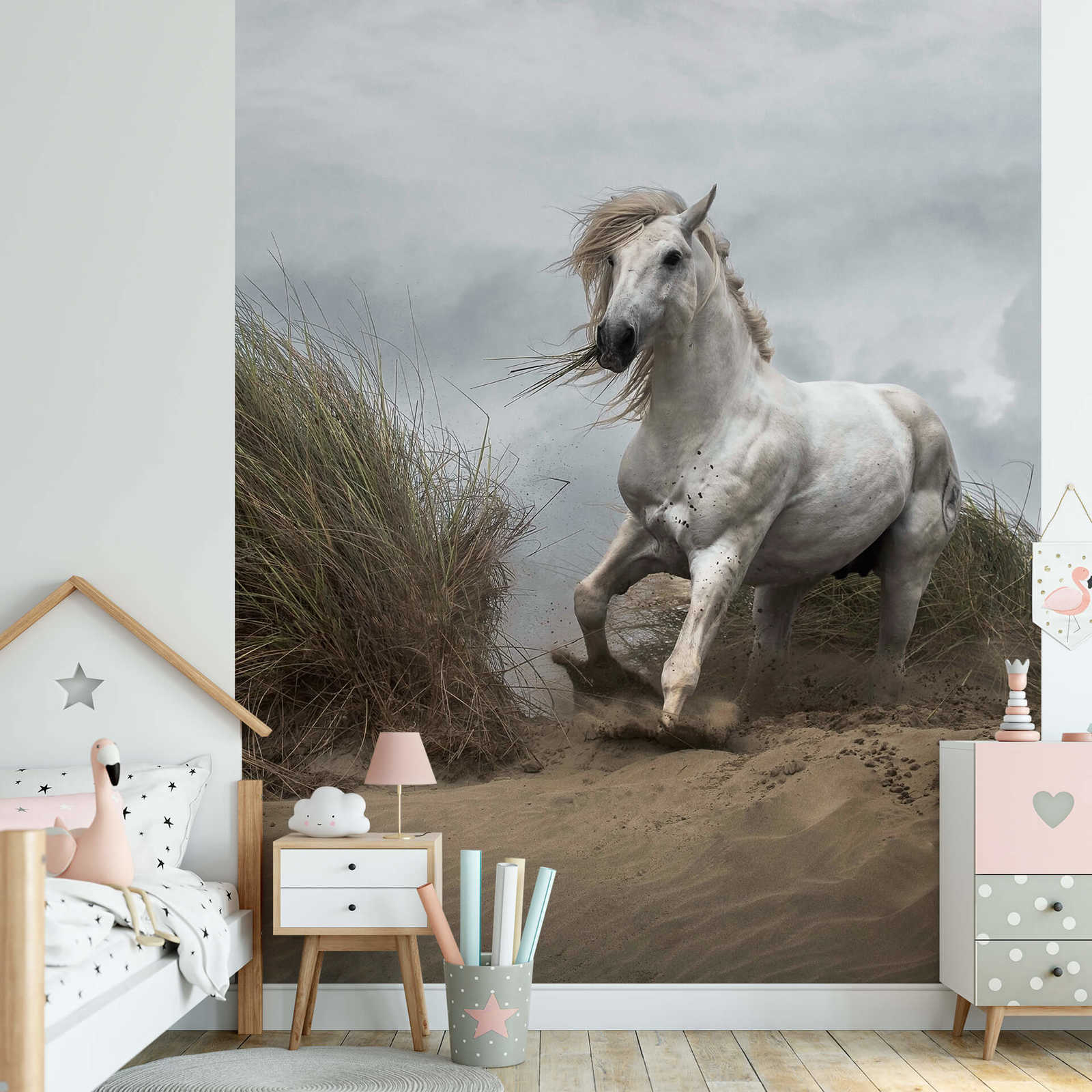             Fototapete Strand Dünen mit Pferd – Weiß, Creme, Grau
        