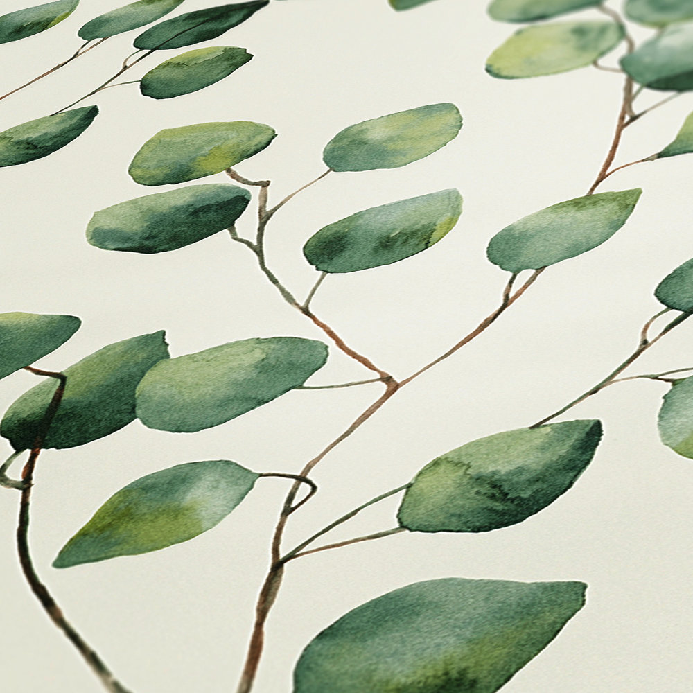             Blätterranken Tapete im Aquarellstil – Grün, Weiß
        