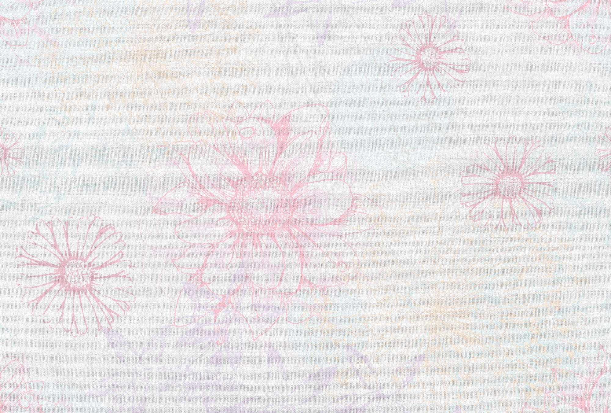             Fototapete mit Leinenoptik & Blütenmuster – Rosa, Weiß, Blau
        