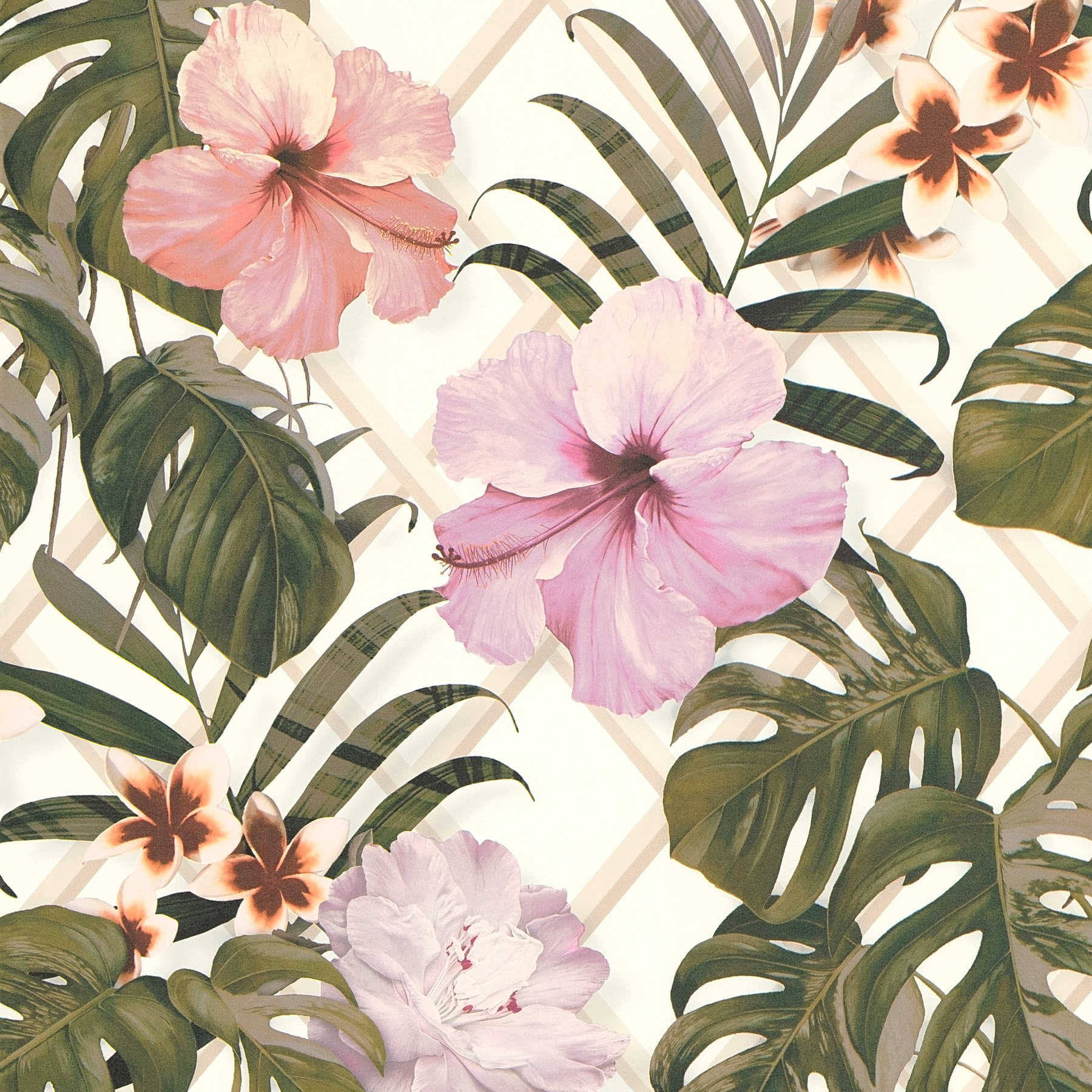 Dschungel Tapete mit Blumen Muster – Grün, Rosa, Weiß
