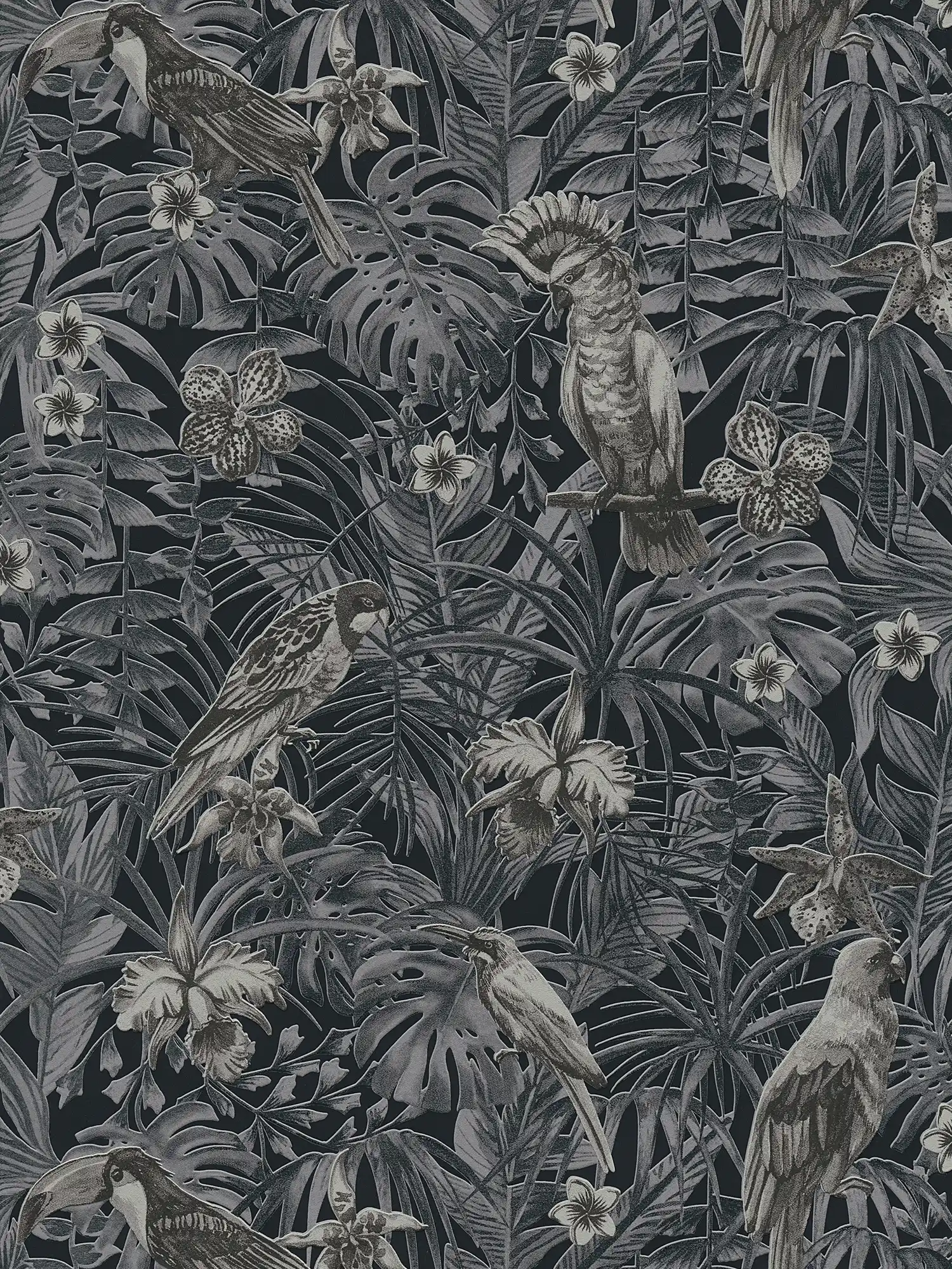         Exotische Tapete tropischen Vögel, Blüten & Blätter – Grau, Schwarz, Creme
    
