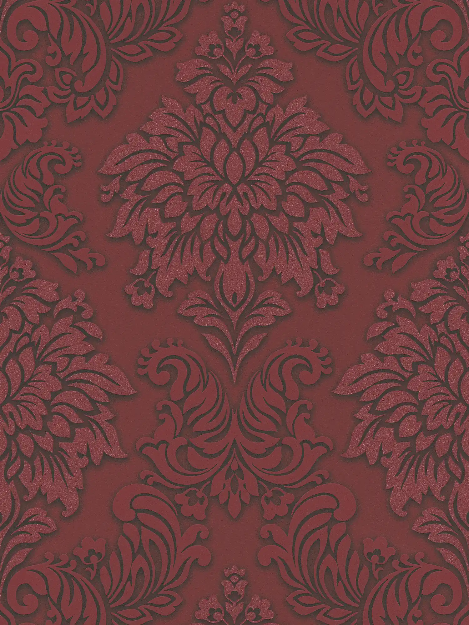         Barock Tapete Ornamente mit Glitzereffekt – Rot, Silber, Schwarz
    