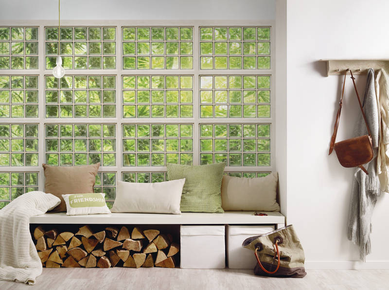             Fototapete Fenster mit Waldblick – Grün, Weiß
        
