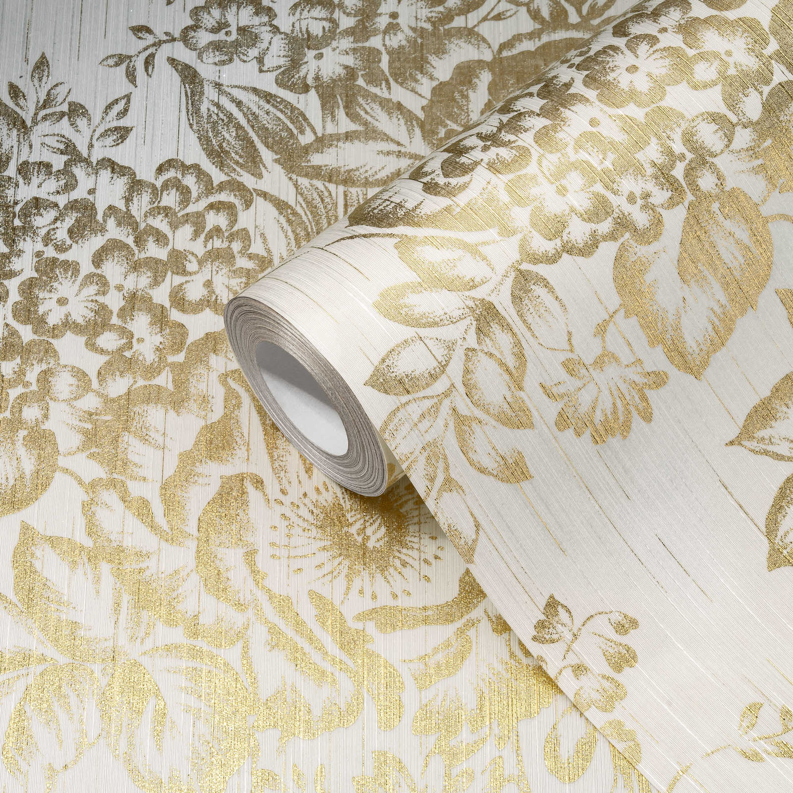            Strukturtapete mit goldenem Blütenmuster – Gold, Weiß
        