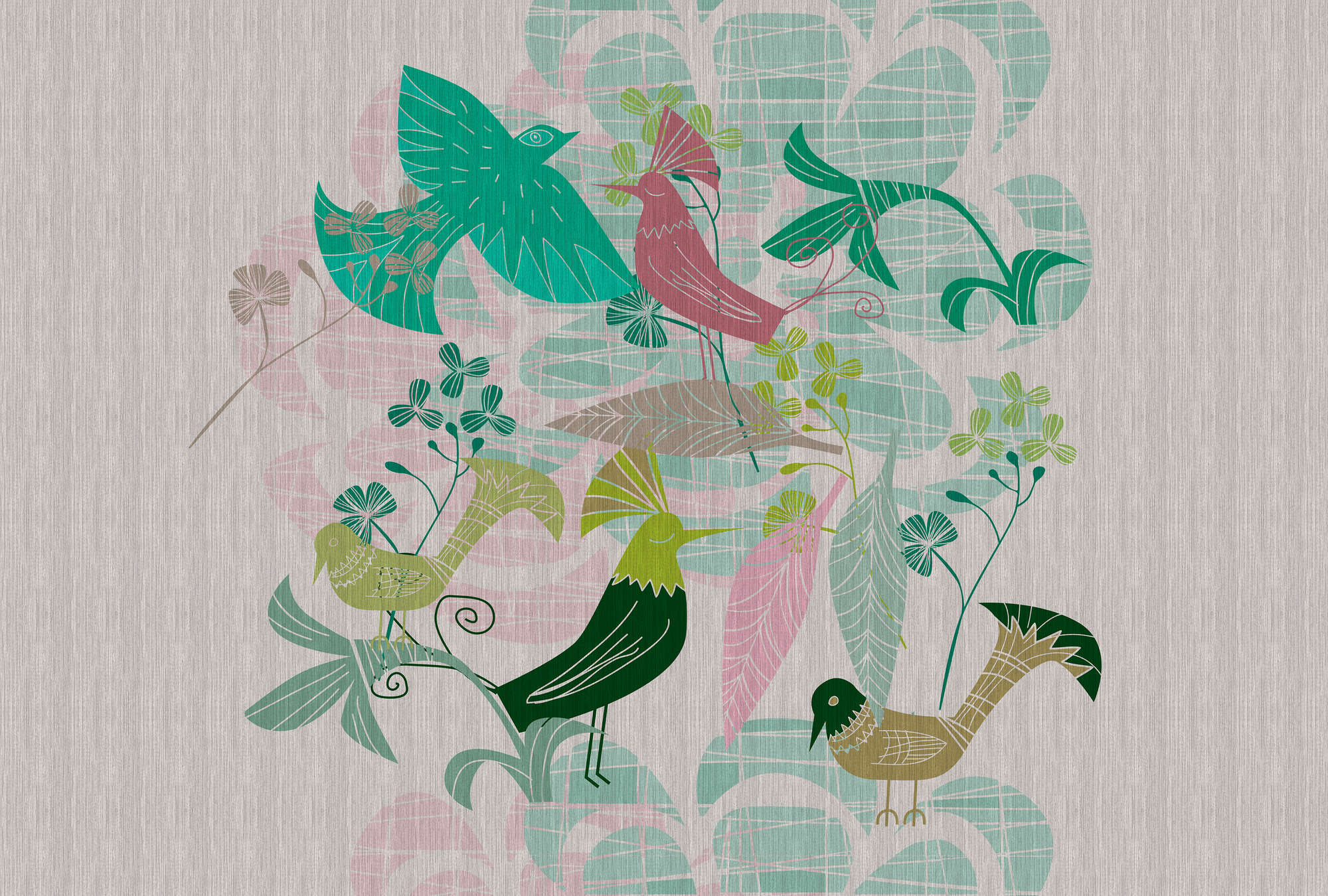             Birdland 3 – Fototapete Grün & Rosa Vögel Muster im Retro Stil
        