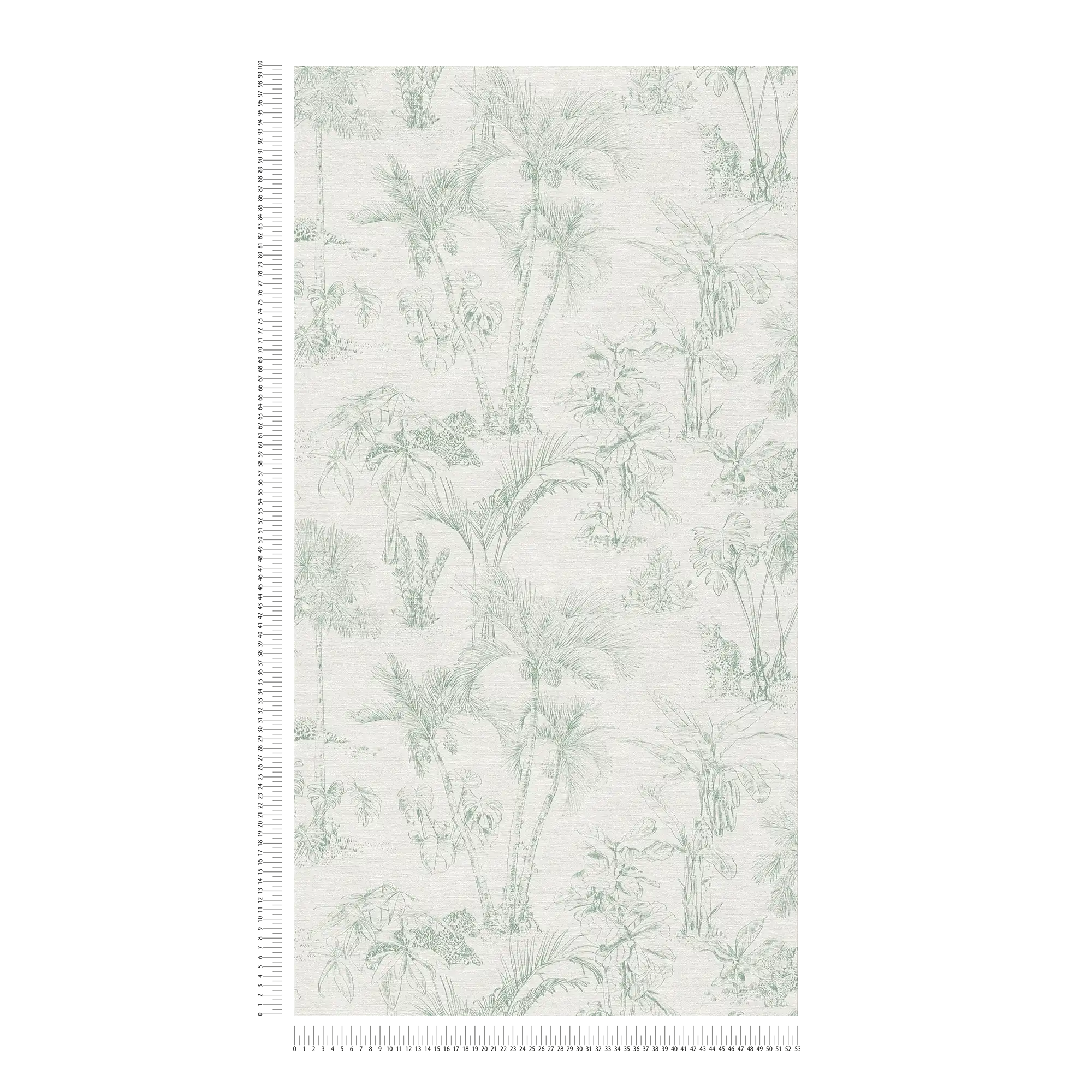             Leinenoptik Tapete Dschungel Design mit Palmen – Grau, Grün
        