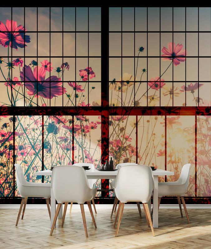             Meadow 1 - Sprossenfenster Fototapete mit Blumenwiese – Grün, Rosa | Struktur Vlies
        