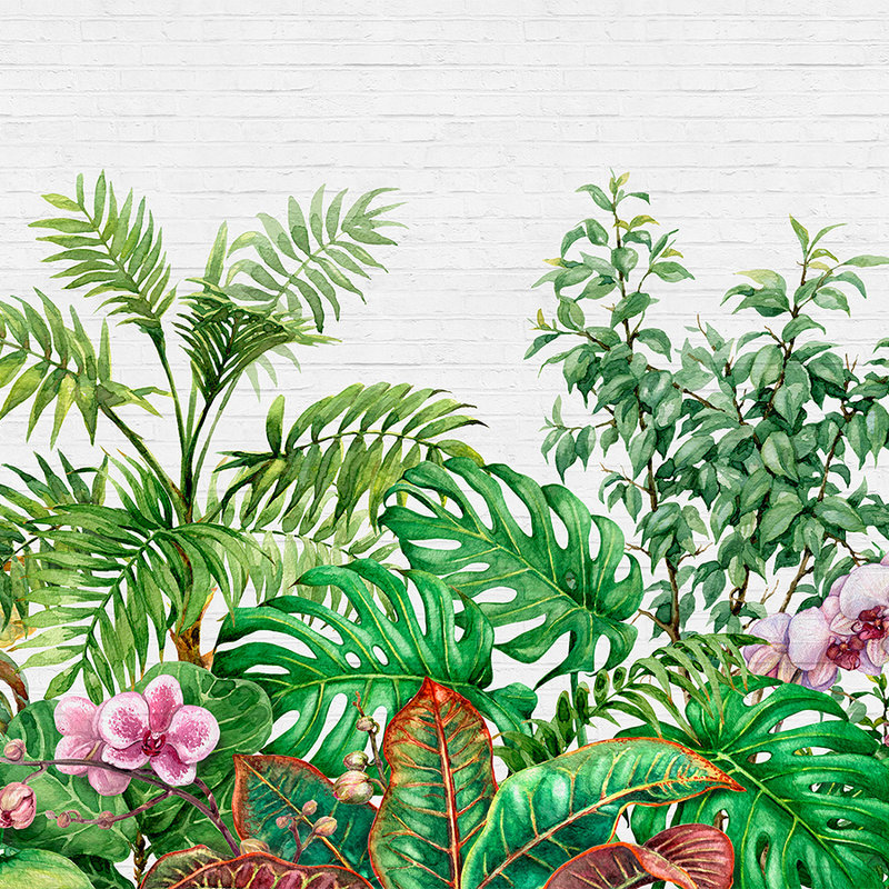 Mauermotiv mit Dschungelblättern – Grün, Weiß, Rosa
