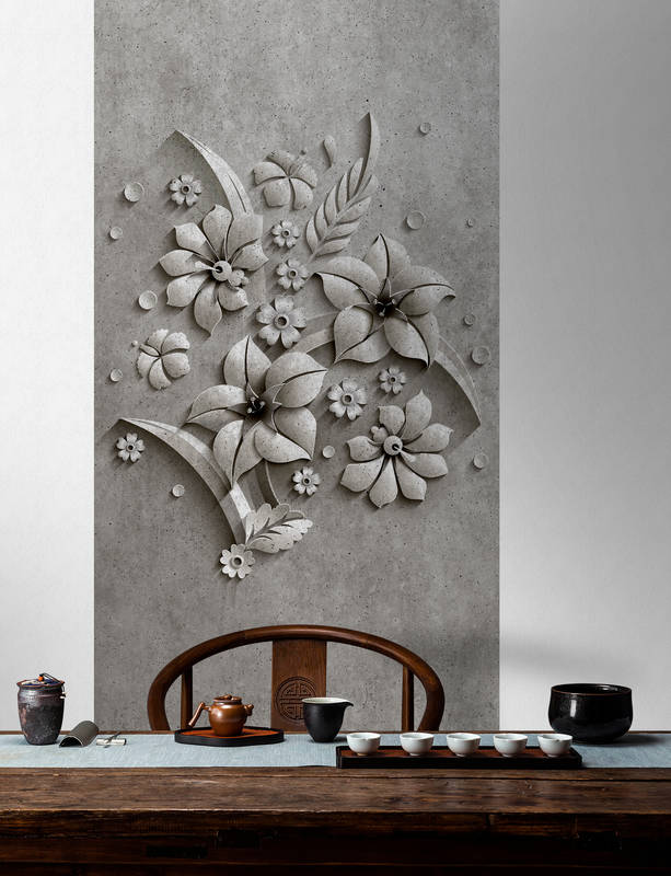             Relief panel 1 - Fotopaneel Blütenrelief in Beton Struktur – Grau, Schwarz | Perlmutt Glattvlies
        