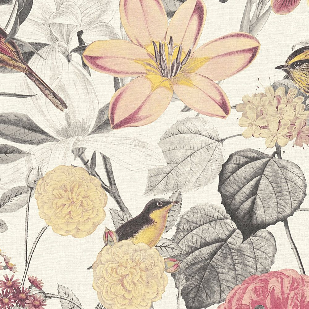             Tapete exotische Blüten & Vogel-Motiv – Rot, Gelb, Grau
        