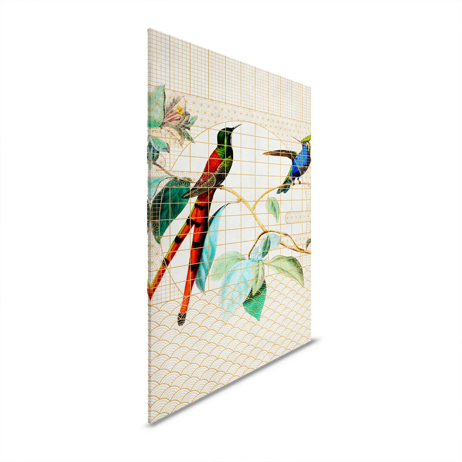 Voliere 2 - Vögel Leinwandbild Singvögel im goldenen Käfig – 1,20 m x 0,80 m
