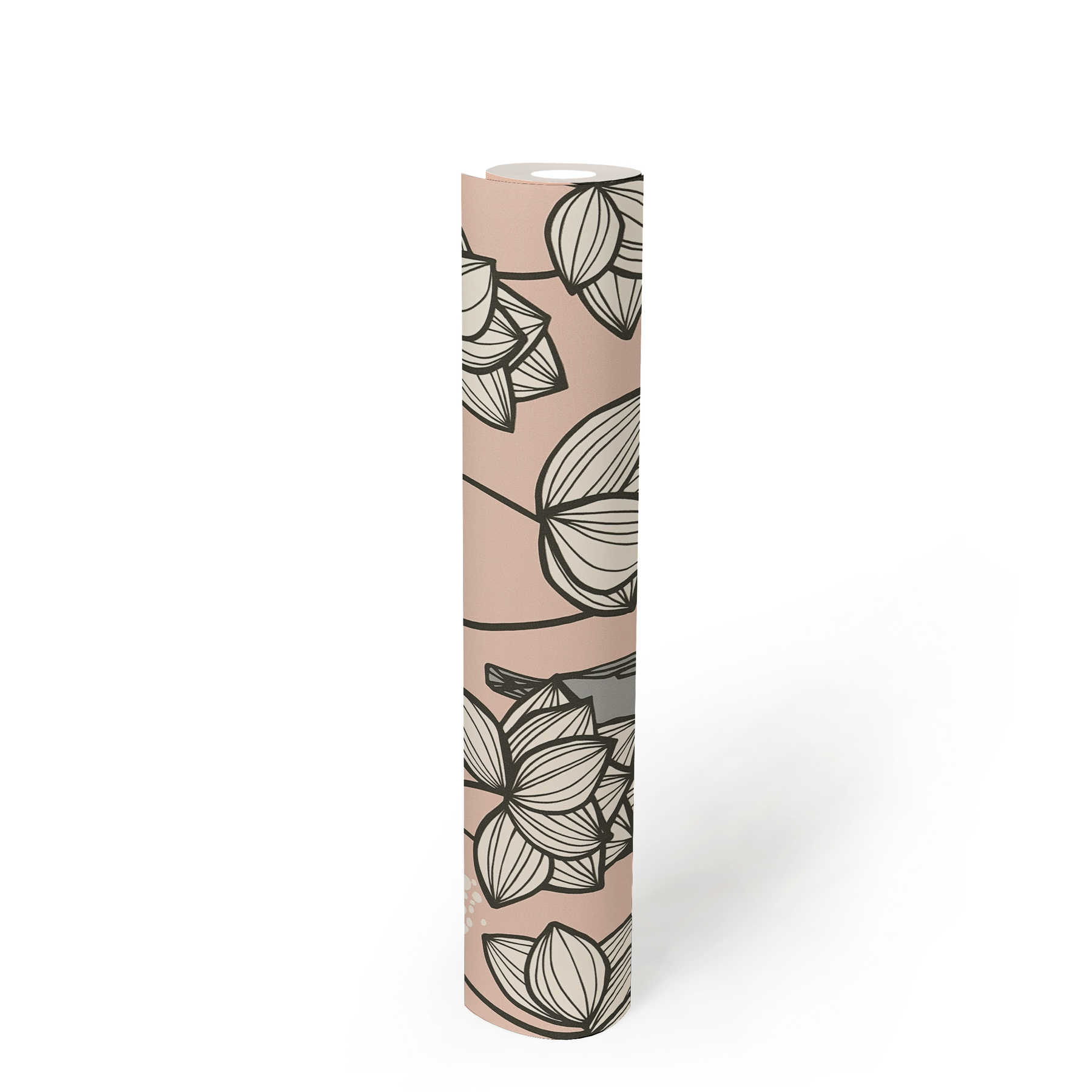             Vliestapete Blumen Ranken mit Vögeln im Line Art Stil – Grau, Rosa
        