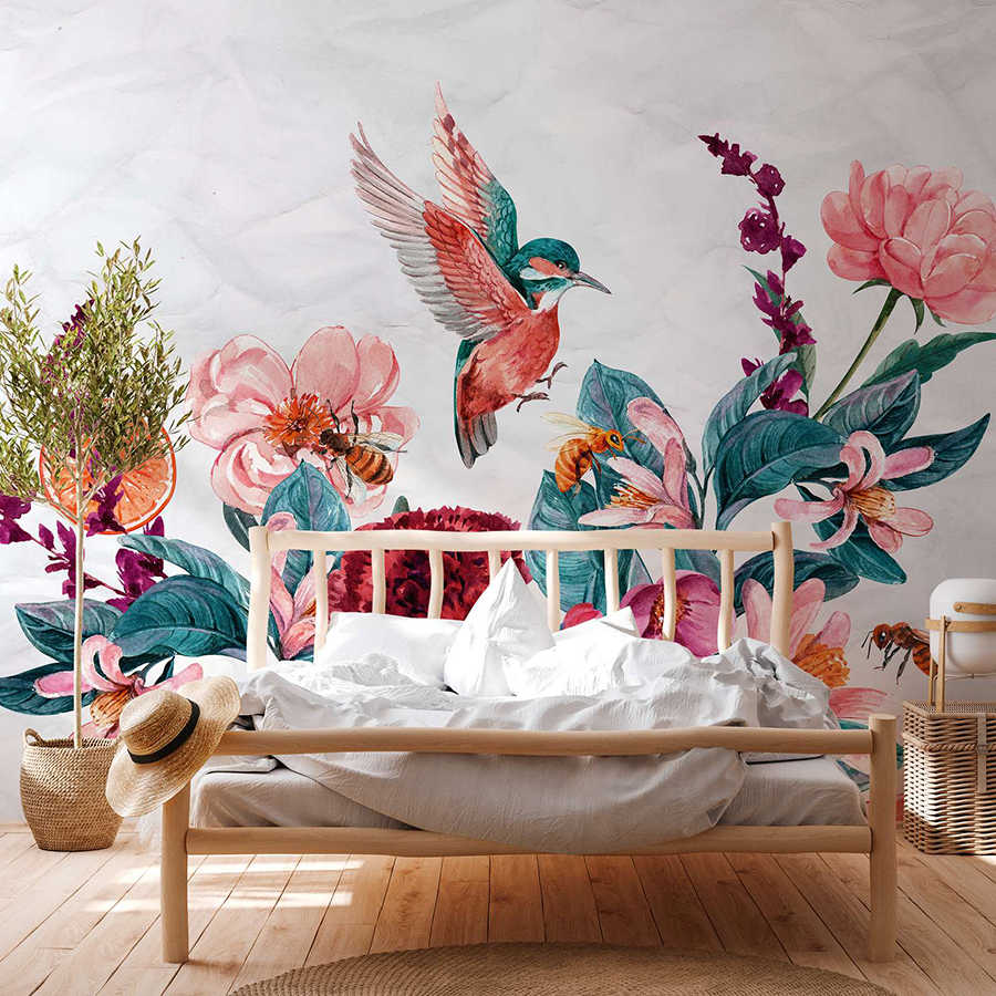 Fototapete Blumen & Vögel auf 3D Hintergrund – Rosa, Grün, Weiß
