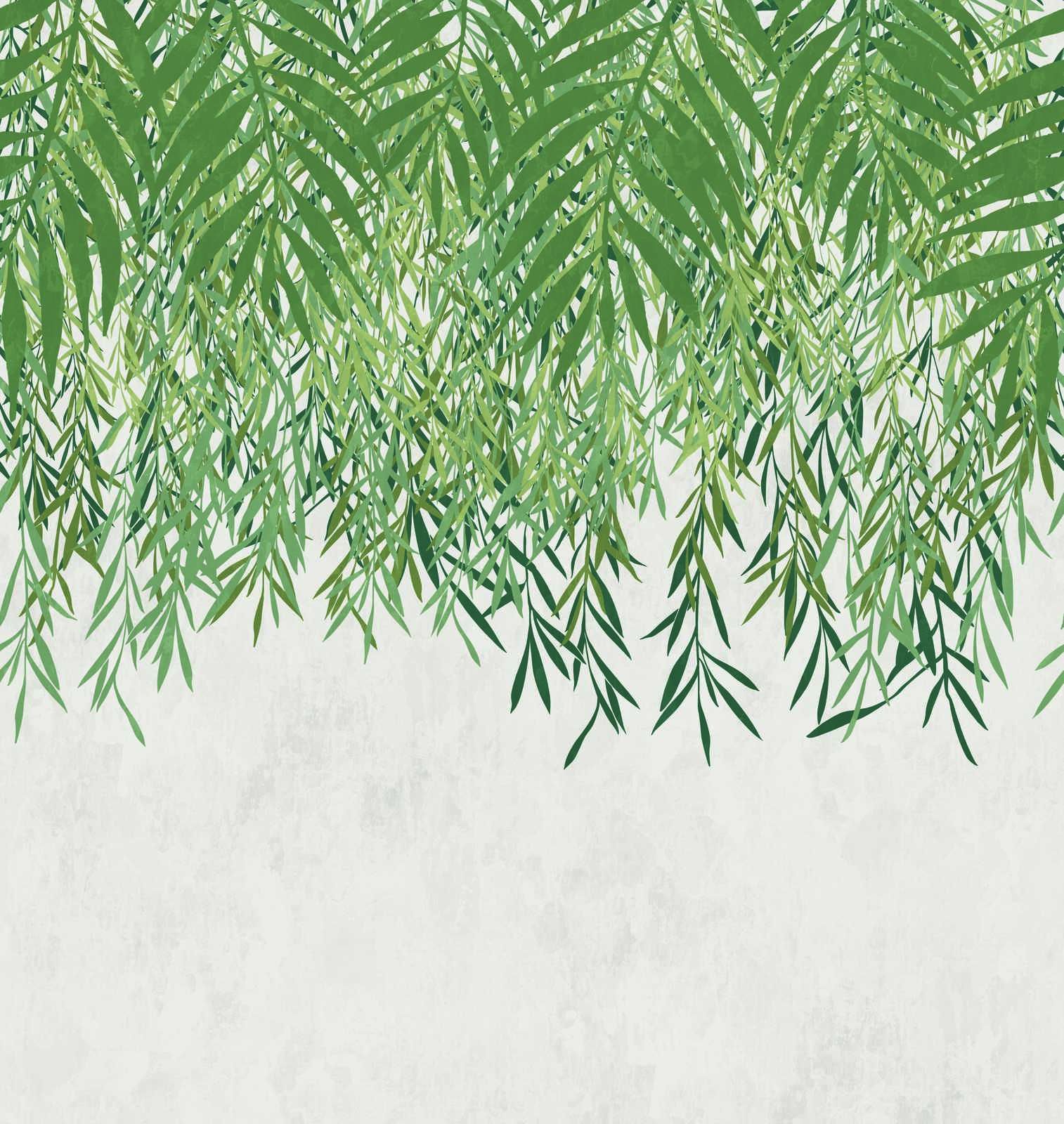             Vliestapete mit großem Blättermuster auf Betonoptik – Grün, Creme, Grau
        