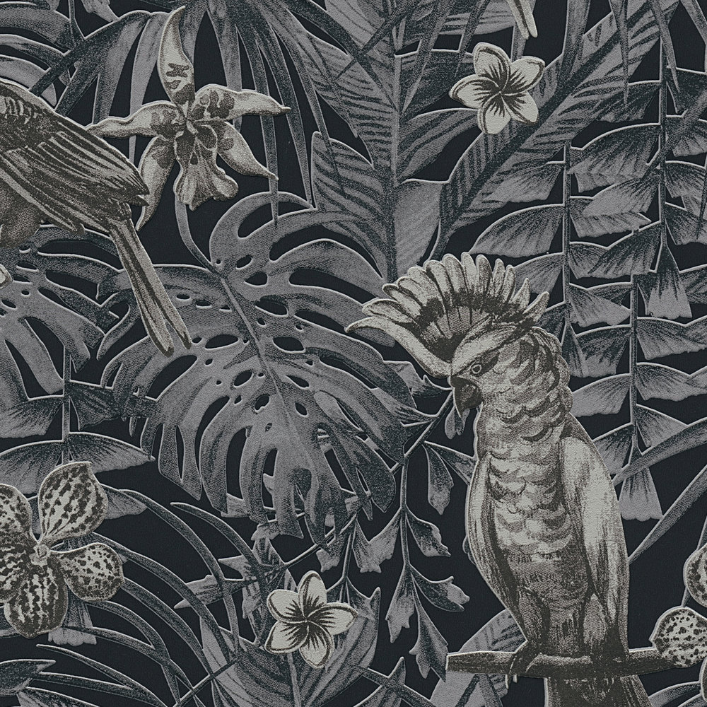             Exotische Tapete tropischen Vögel, Blüten & Blätter – Grau, Schwarz, Creme
        