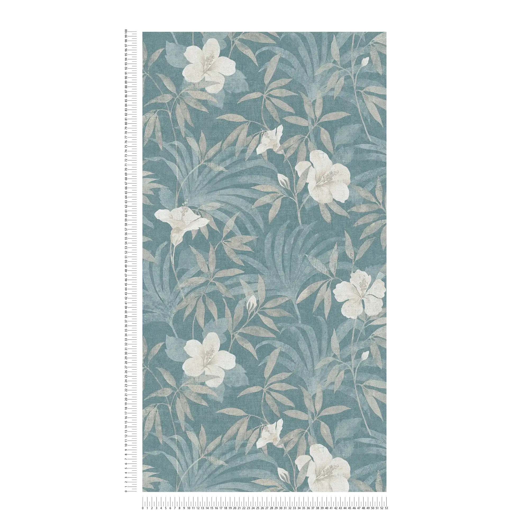             Tapete Petrol Dschungel Muster mit Hibiskus Blüten – Beige, Blau
        