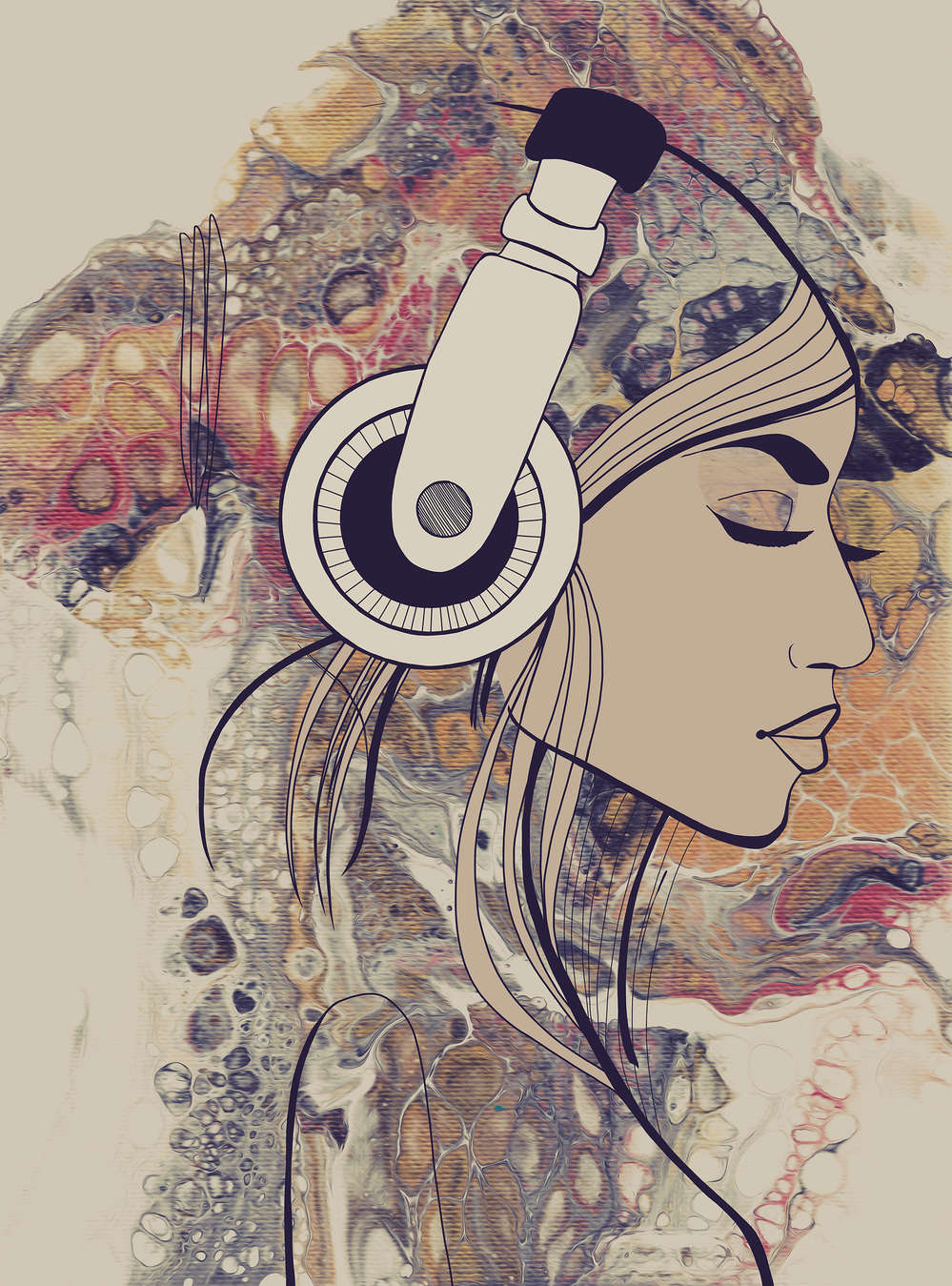             Fototapete Acryl & Line Art Frauenfigur mit Kopfhörern
        