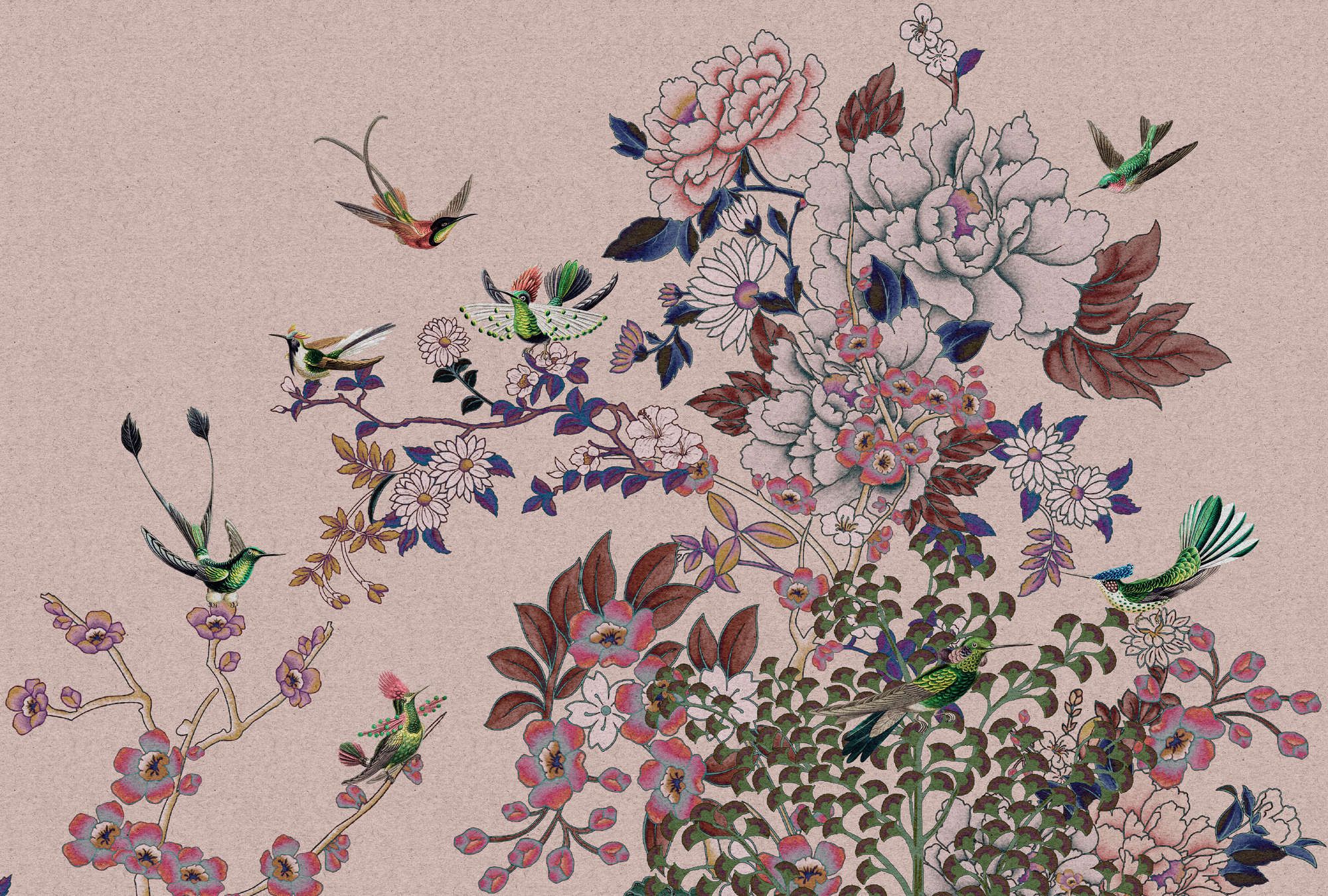             Fototapete »madras 2« - Roséfarbenes Blüten-Motiv mit Kolibris auf Kraftpapier-Struktur – Glattes, leicht perlmutt-schimmerndes Vlies
        