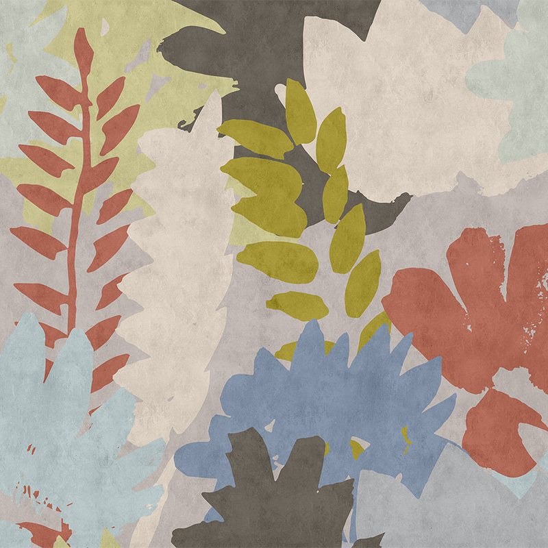 Floral Collage 3 - Abstrakte Fototapete in Löschpapier Struktur mit Blätter-Motiv – Blau, Creme | Mattes Glattvlies
