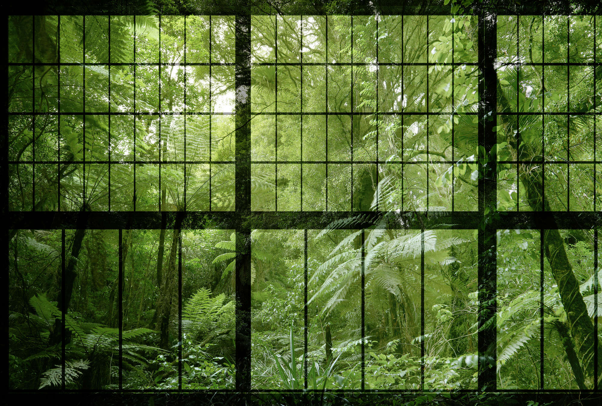             Rainforest 2 - Loftfenster Fototapete mit Dschungel Aussicht – Grün, Schwarz | Mattes Glattvlies
        