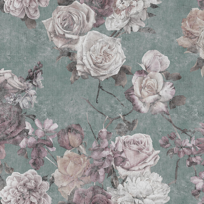 Sleeping Beauty 2 - Fototapete Rosenblüten im Vintage Stil- Naturleinen Struktur – Rosa, Türkis | Premium Glattvlies
