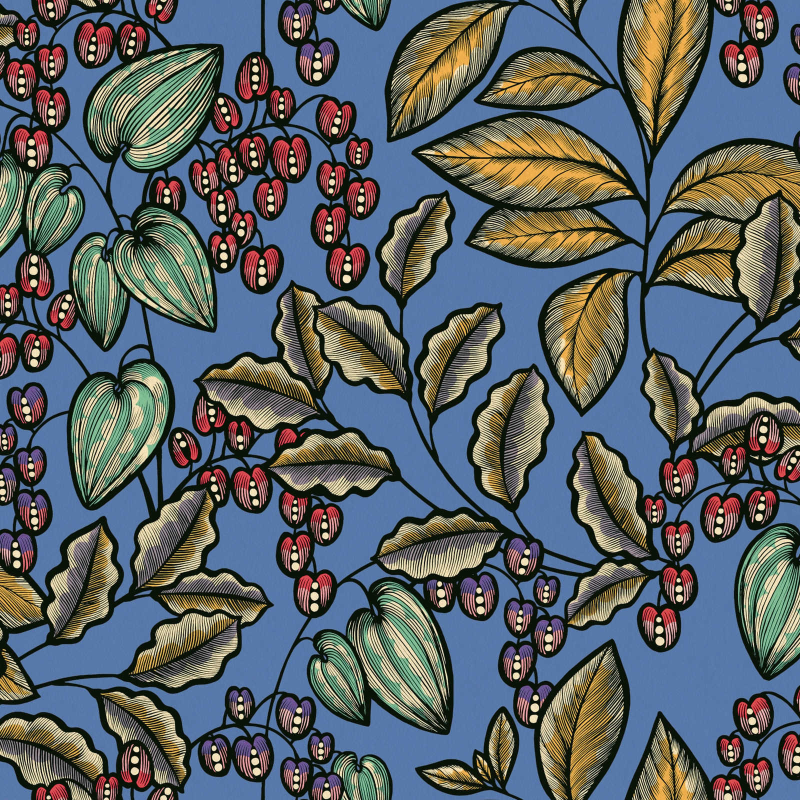 Florale Tapete Blau mit Blätter Design im Scandinavian Look
