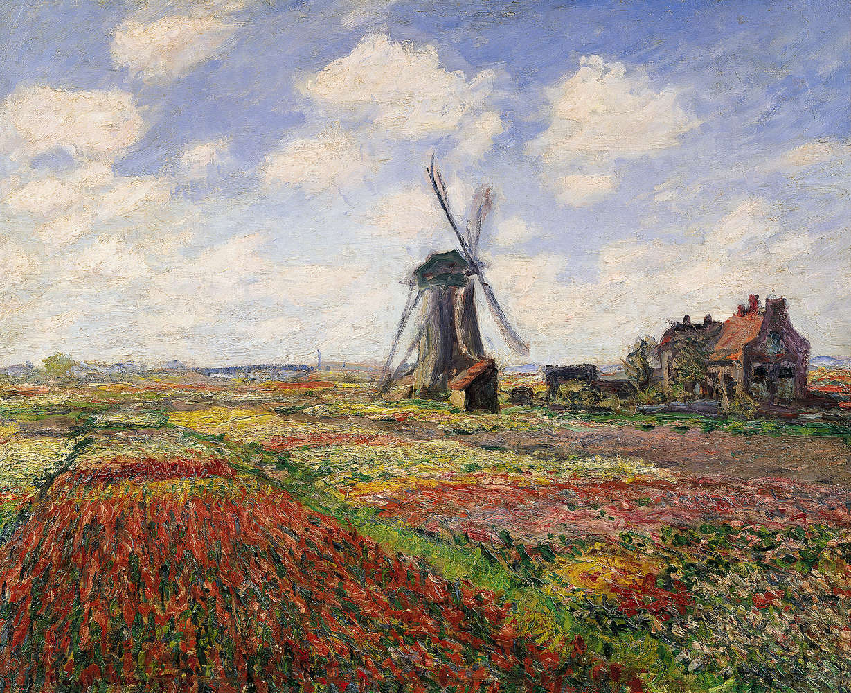             Fototapete "Tulpenfelder mit der Windmühle von Rijnsburg" von Claude Monet
        