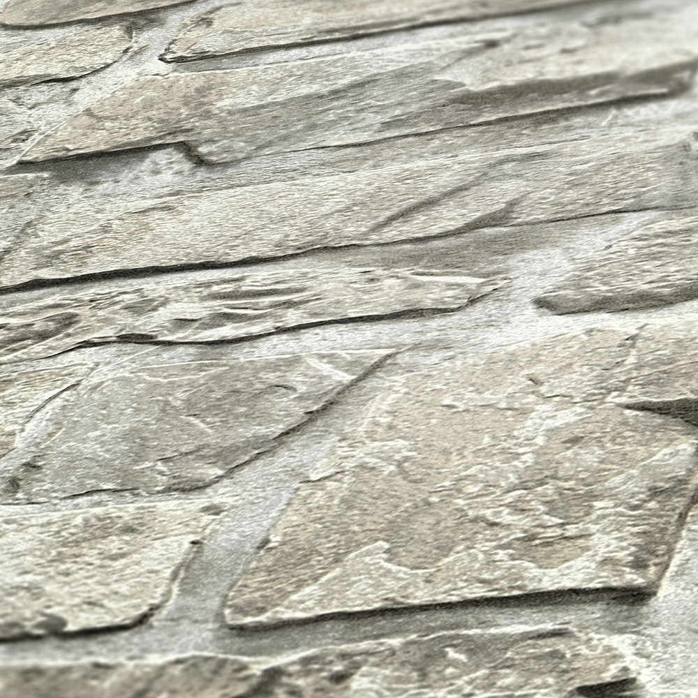             Steintapete mit Naturstein Mauerwerk – Grau, Beige
        