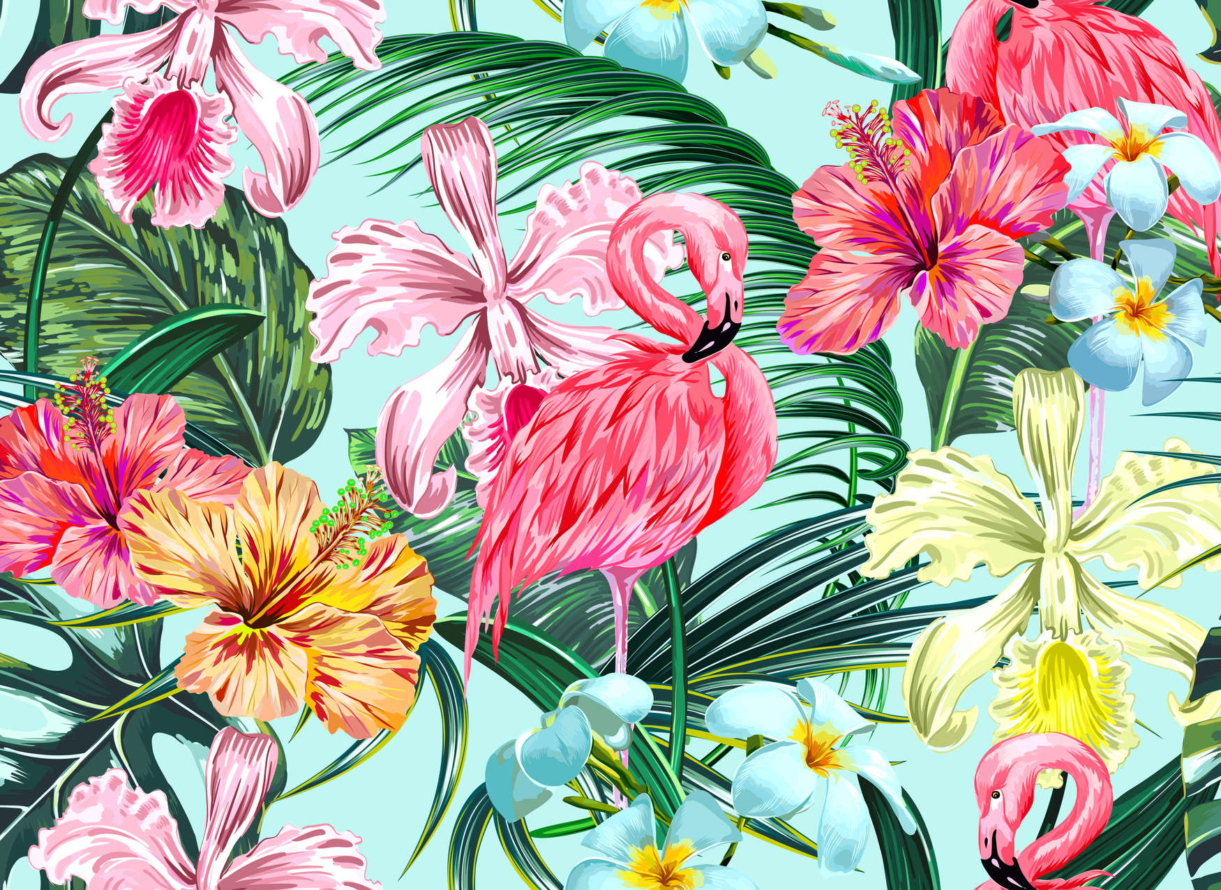             Tropische Fototapete mit Flamingo – Bunt, Blau, Grün
        
