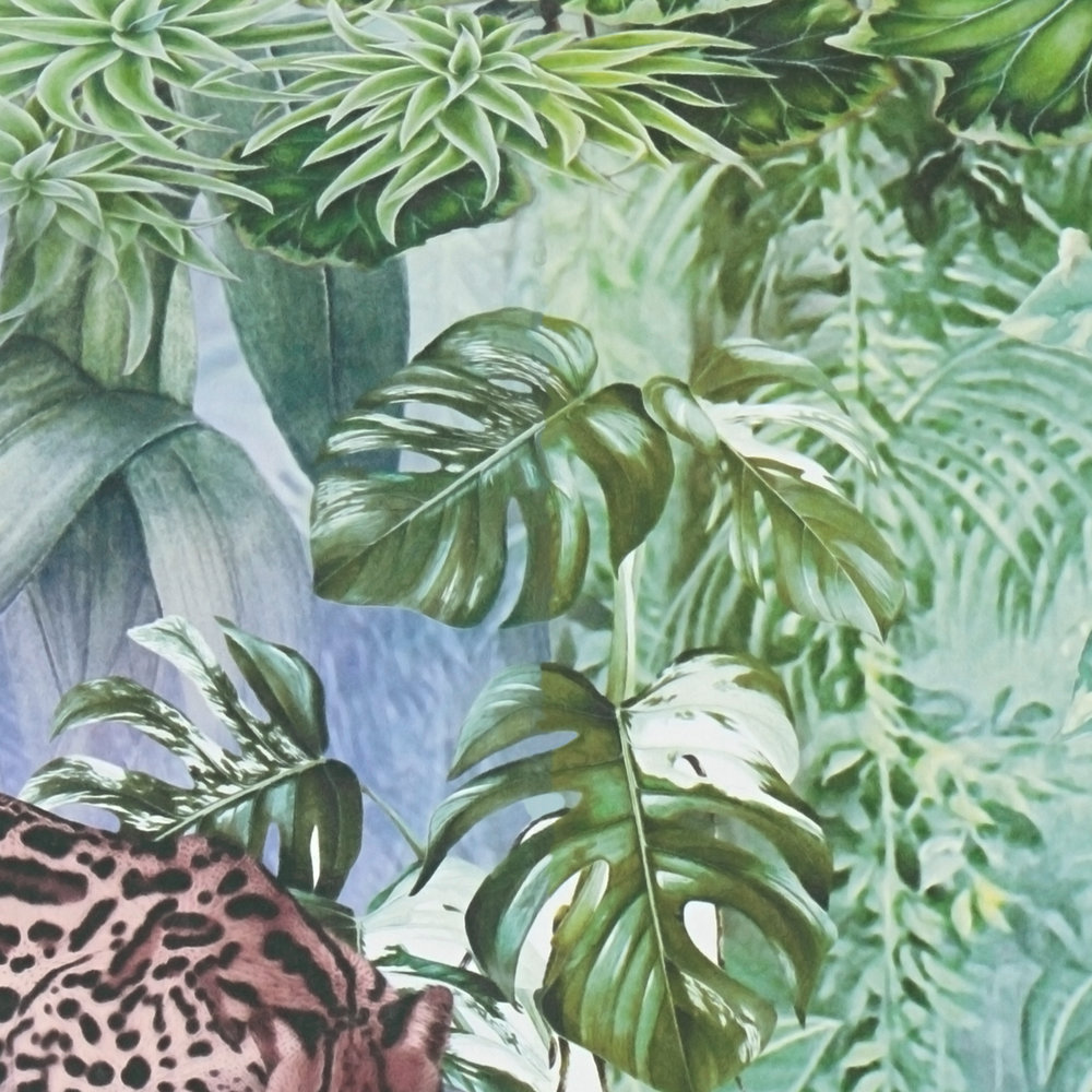             Florale Tapete Dschungel Tiere & Pflanzen – Grün, Grau
        