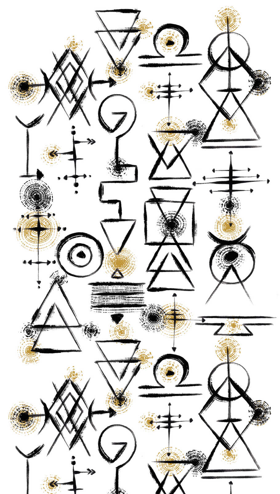             Tapete mit abstrakten Symbolen auf hellem Hintergrund – Weiß, Schwarz, Gold
        
