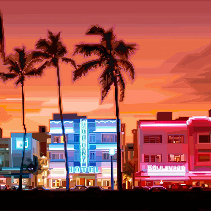 Fototapete Strand Boulevard mit Neon Lichtern – Perlmutt Glattvlies
