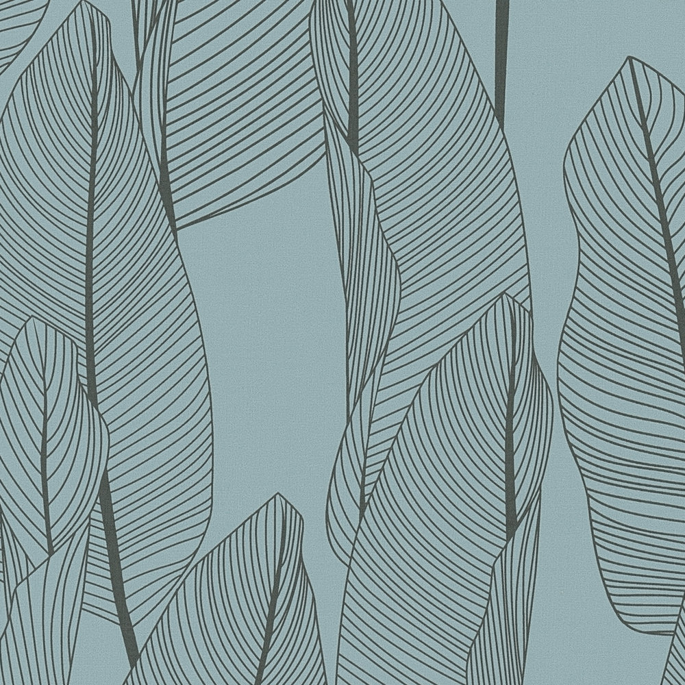             Vliestapete mit grafischem Blätter-Motiv – Blau
        