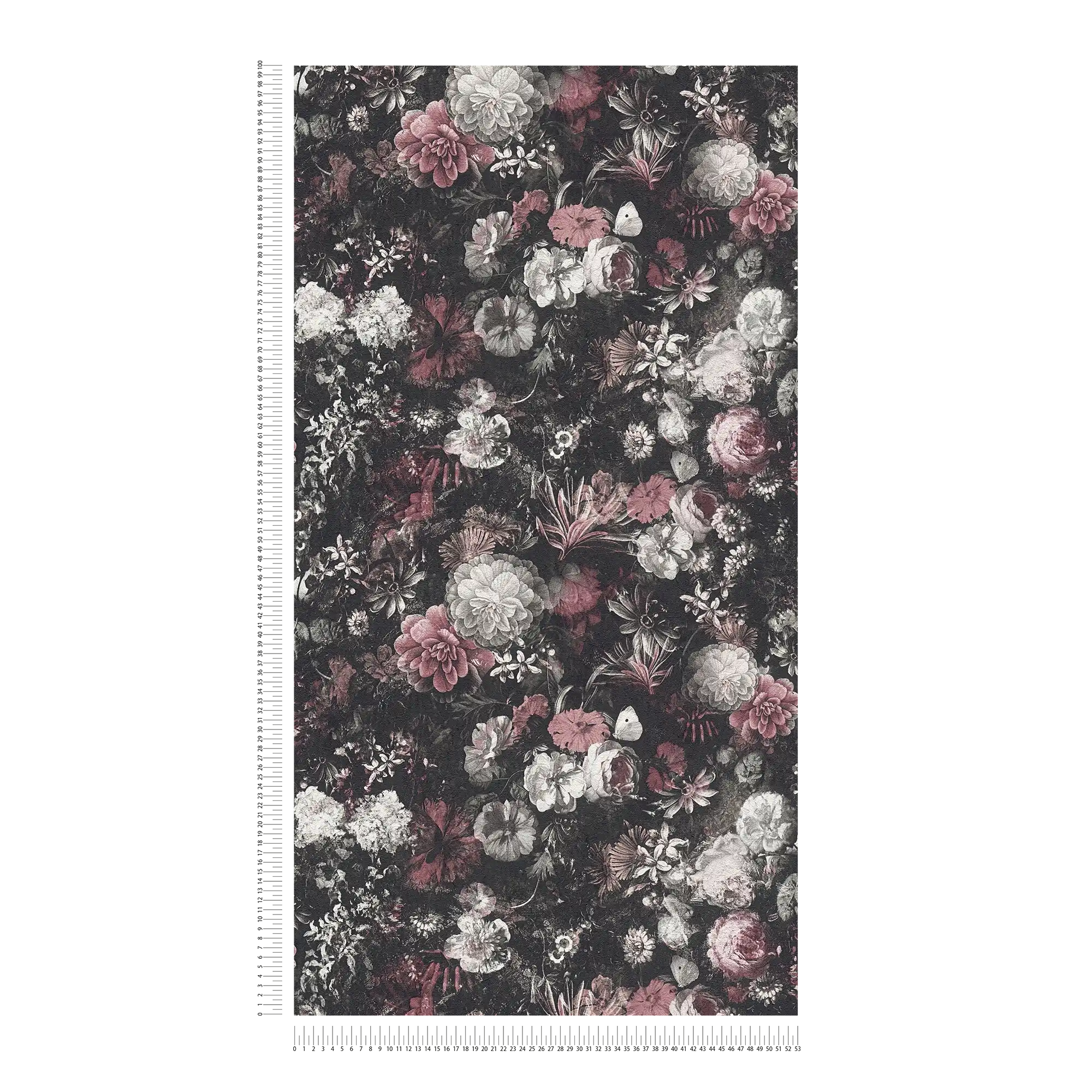             Blumentapete Rosen & Blüten im Vintage Stil – Rot, Schwarz, Weiß
        