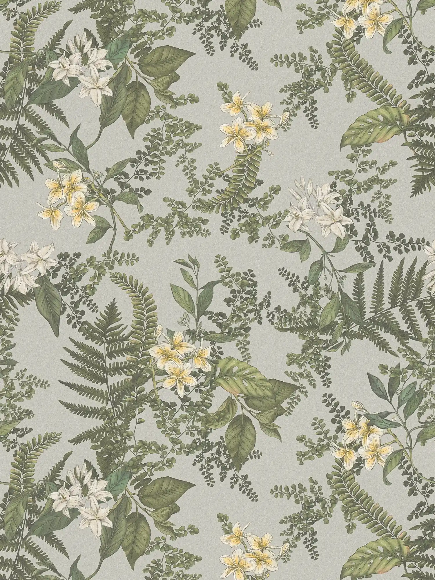 Moderne Tapete im floralen Stil mit Blüten & Gräsern strukturiert matt – Grau, Dunkelgrün, Weiß
