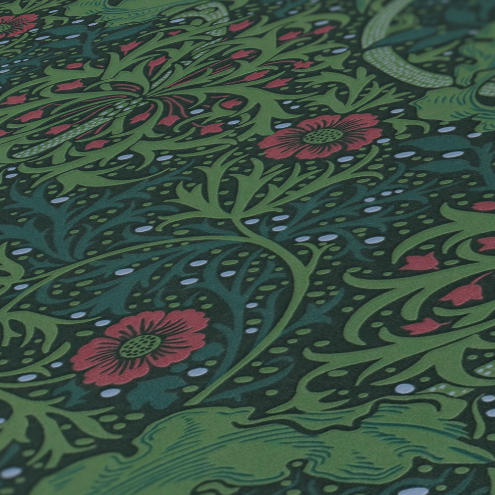             Florale Tapete mit Blüten und Blumenranken – Grün, Rosa, Schwarz
        