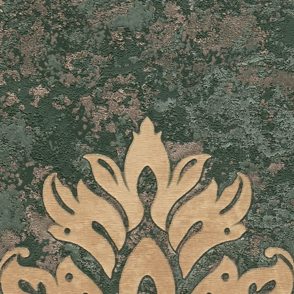             Ornamenttapete mit floralem Stil & Gold-Effekt – Beige, Braun, Grün
        