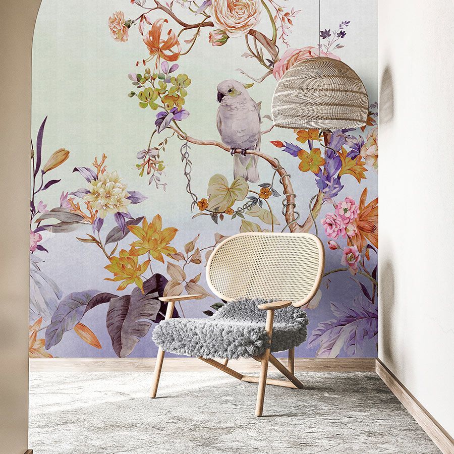 Fototapete »paradise« - Vogel & Blumen mit Farbverlauf und Leinenstruktur im Hintergrund – Bunt | Glattes, leicht glänzendes Premiumvlies
