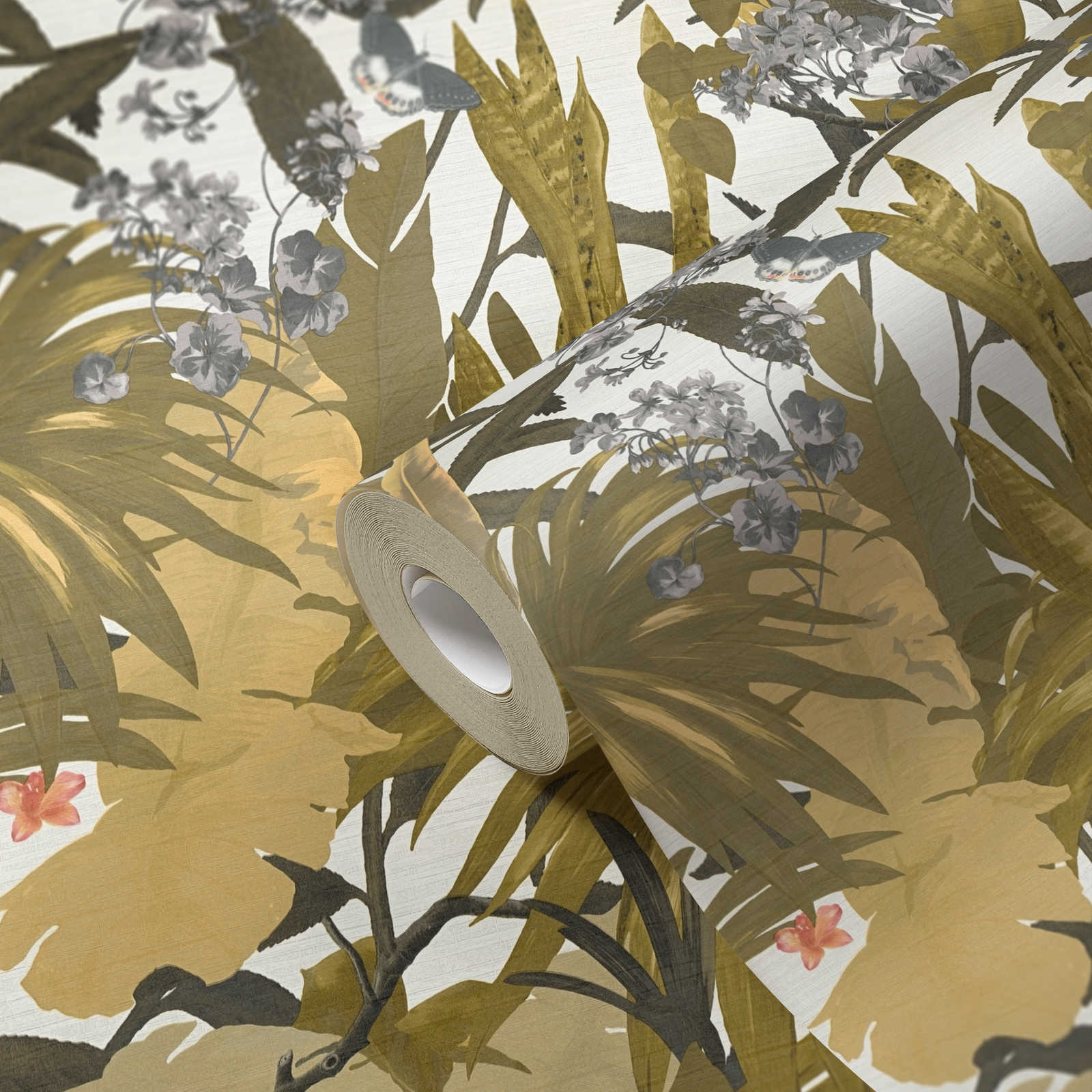             Tapete Dschungel Design mit Blättermuster – Gelb, Grau
        