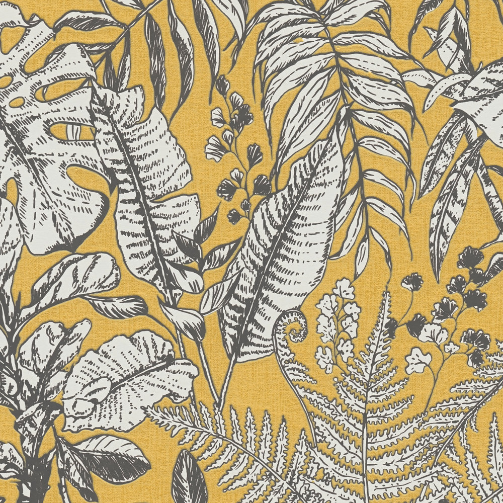             Vliestapete Dschungel, Monstera Blätter & Farne – Gelb, Weiß, Grau
        